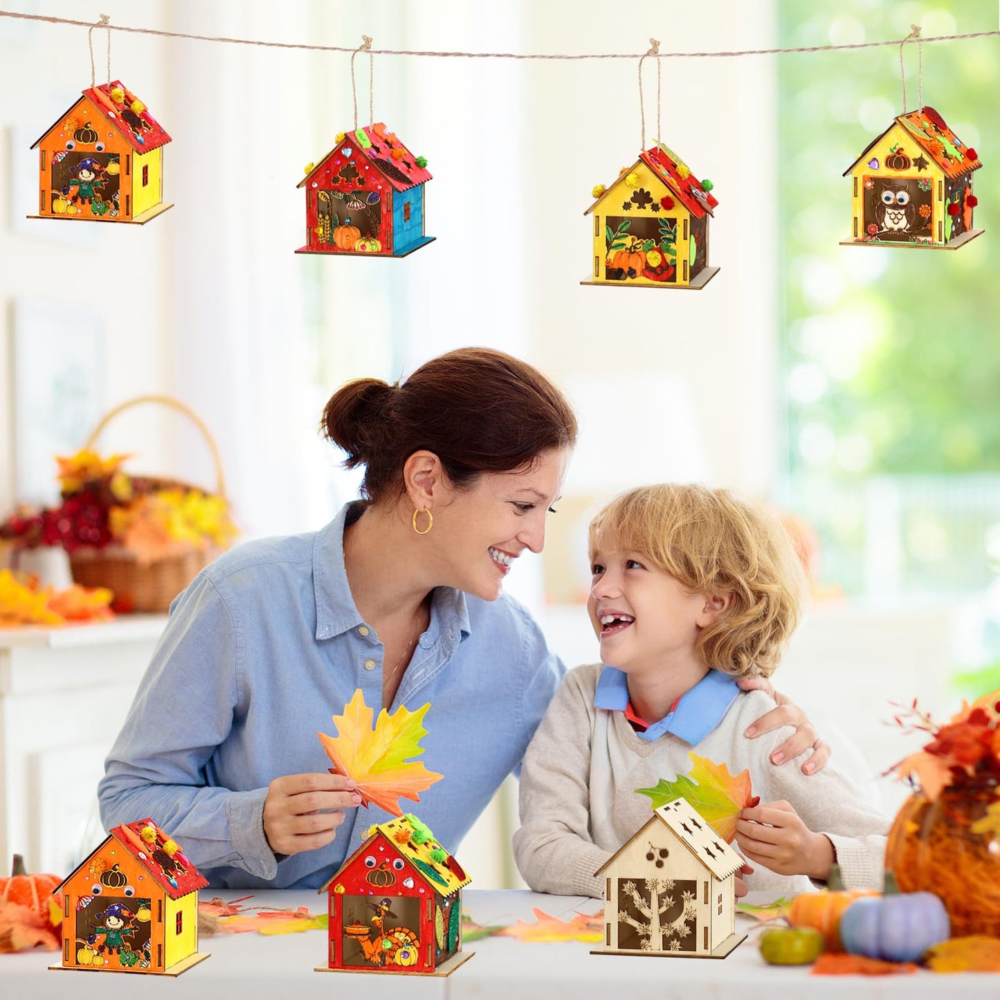 MUOUAKATE 12 Thanksgiving Wooden House Craft Kit – DIY Paint Set for Kids & Adults