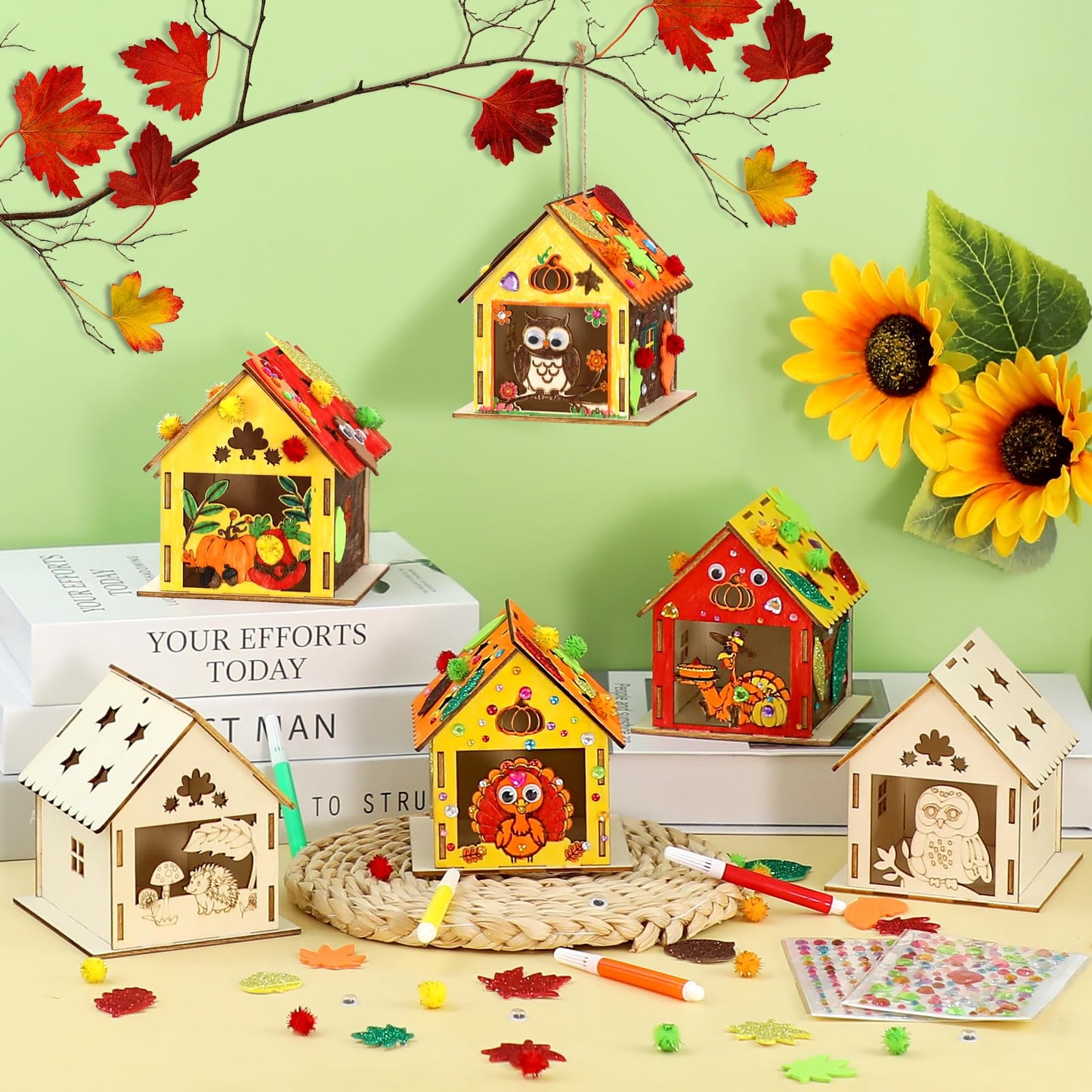 MUOUAKATE 12 Thanksgiving Wooden House Craft Kit – DIY Paint Set for Kids & Adults
