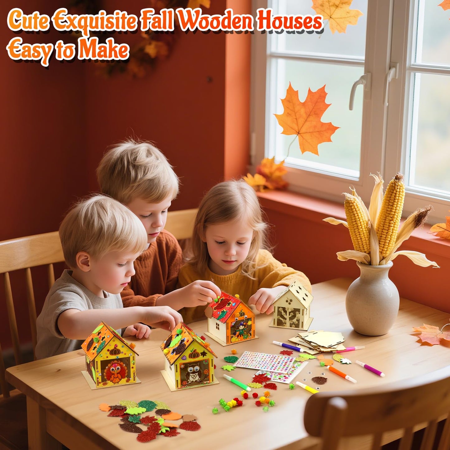 MUOUAKATE 12 Thanksgiving Wooden House Craft Kit – DIY Paint Set for Kids & Adults