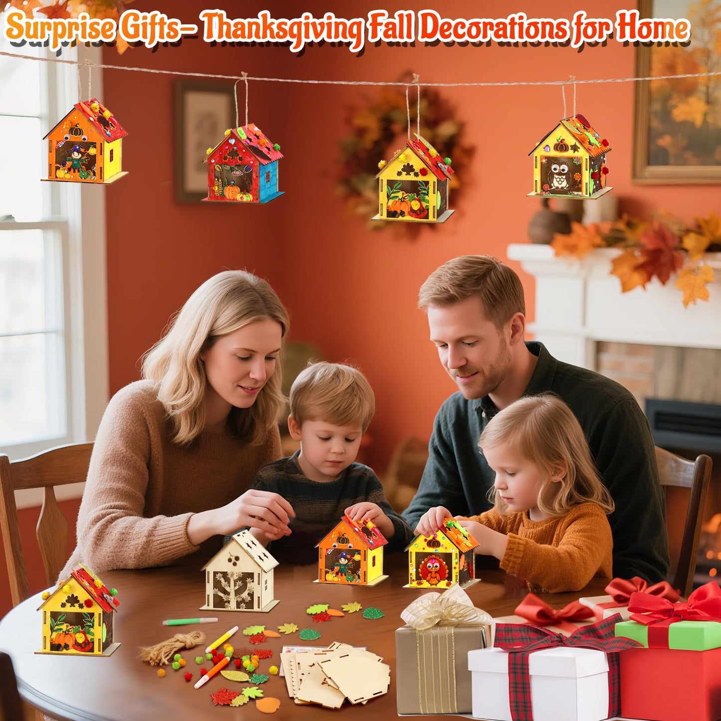 MUOUAKATE 12 Thanksgiving Wooden House Craft Kit – DIY Paint Set for Kids & Adults