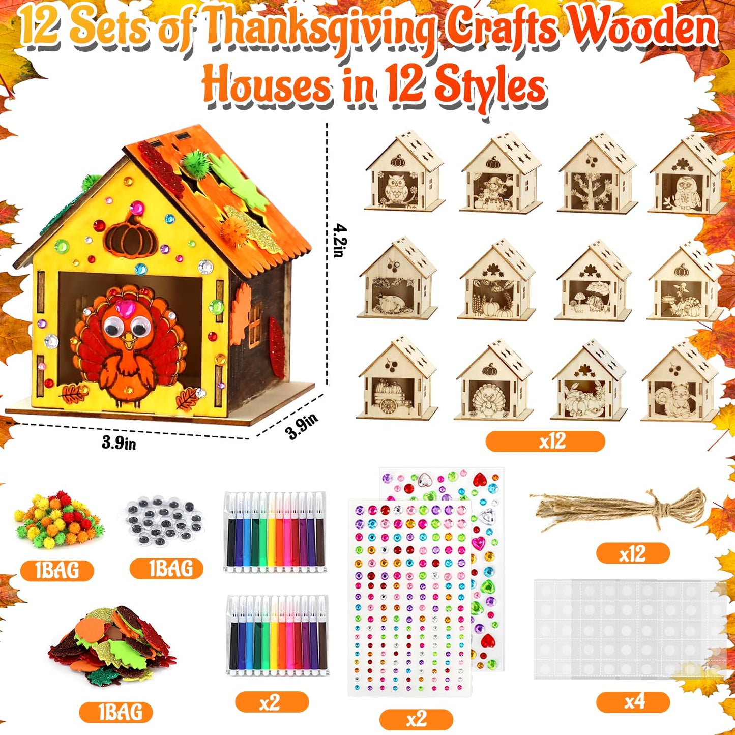 MUOUAKATE 12 Thanksgiving Wooden House Craft Kit – DIY Paint Set for Kids & Adults