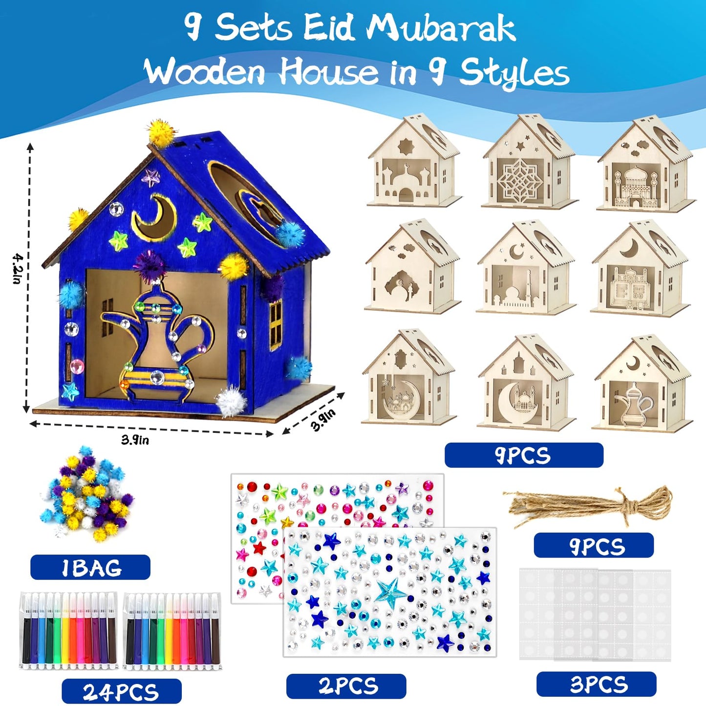 MUOUAKATE 9Pcs Ramadan Crafts Wooden House Kit with 24 Paint Pens