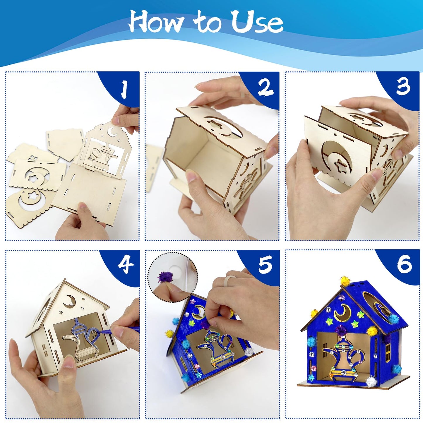 MUOUAKATE 9Pcs Ramadan Crafts Wooden House Kit with 24 Paint Pens