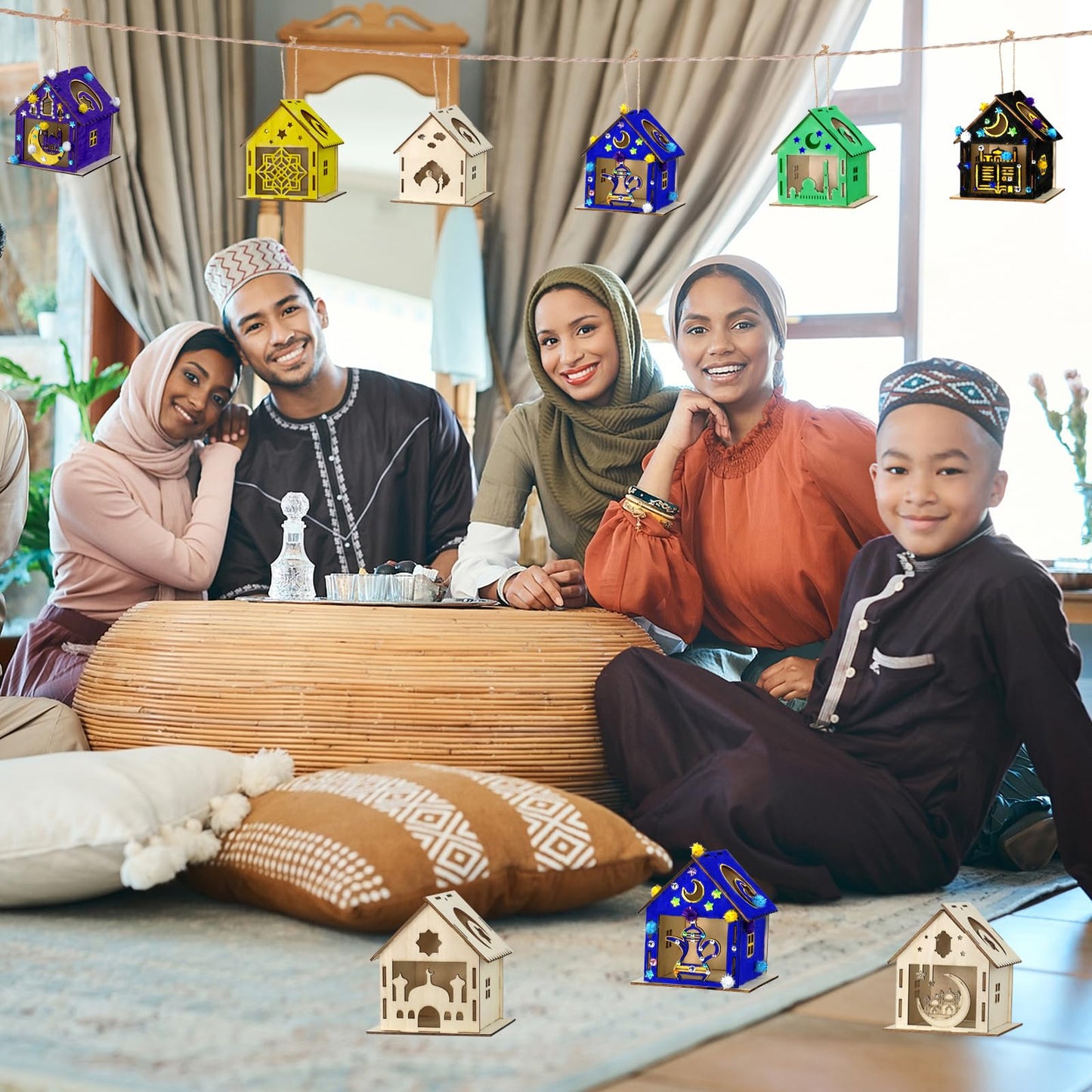 MUOUAKATE 9Pcs Ramadan Crafts Wooden House Kit with 24 Paint Pens