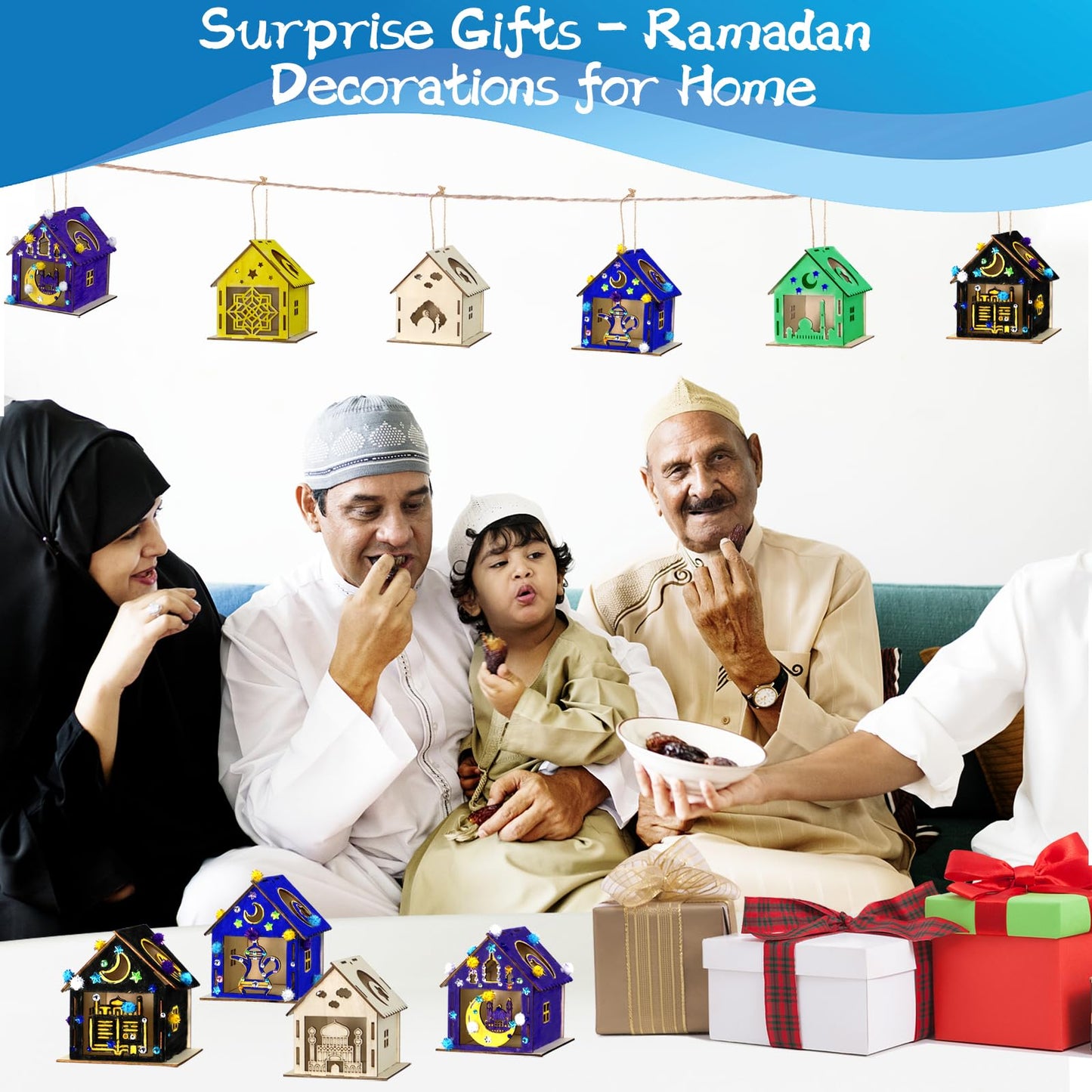 MUOUAKATE 9Pcs Ramadan Crafts Wooden House Kit with 24 Paint Pens