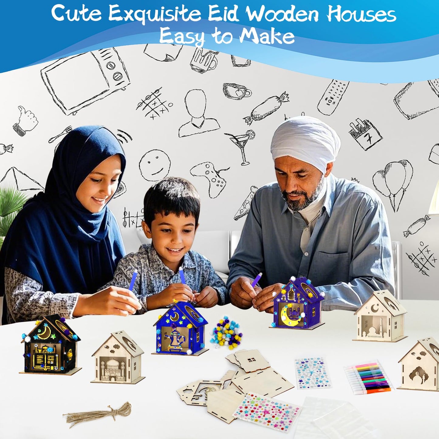 MUOUAKATE 9Pcs Ramadan Crafts Wooden House Kit with 24 Paint Pens
