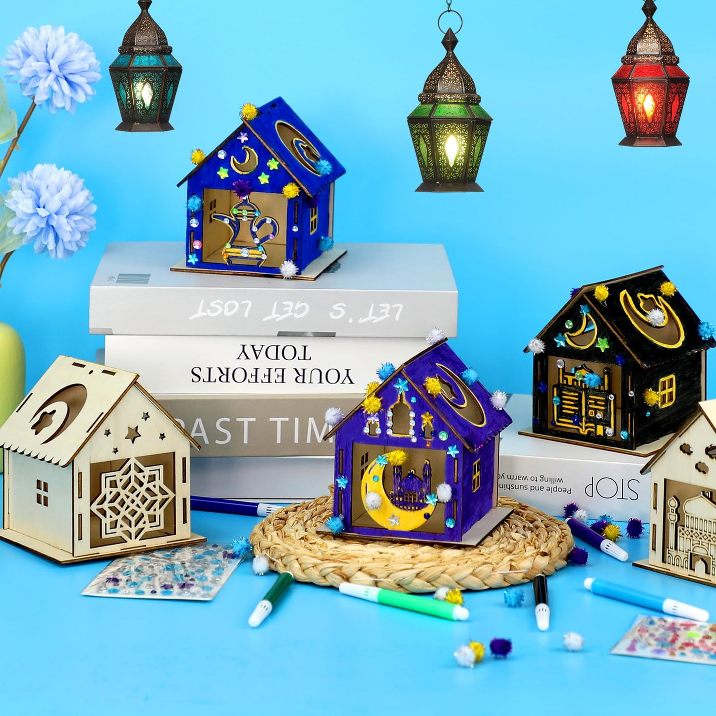 MUOUAKATE 9Pcs Ramadan Crafts Wooden House Kit with 24 Paint Pens