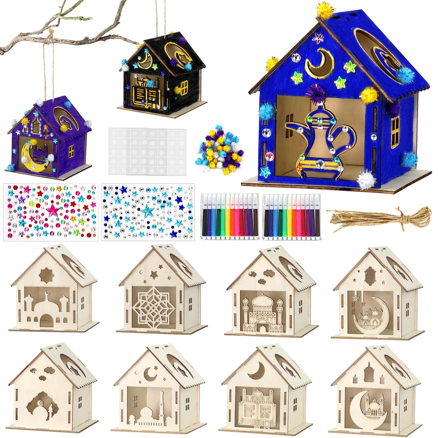 MUOUAKATE 9Pcs Ramadan Crafts Wooden House Kit with 24 Paint Pens