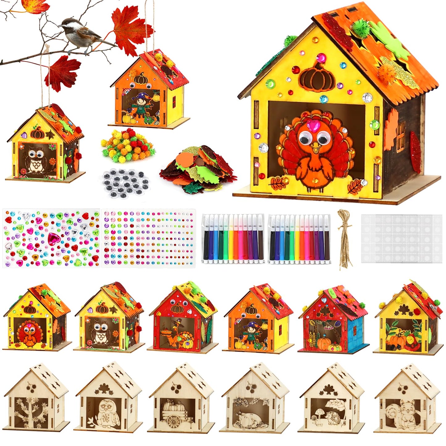 MUOUAKATE 12 Thanksgiving Wooden House Craft Kit – DIY Paint Set for Kids & Adults