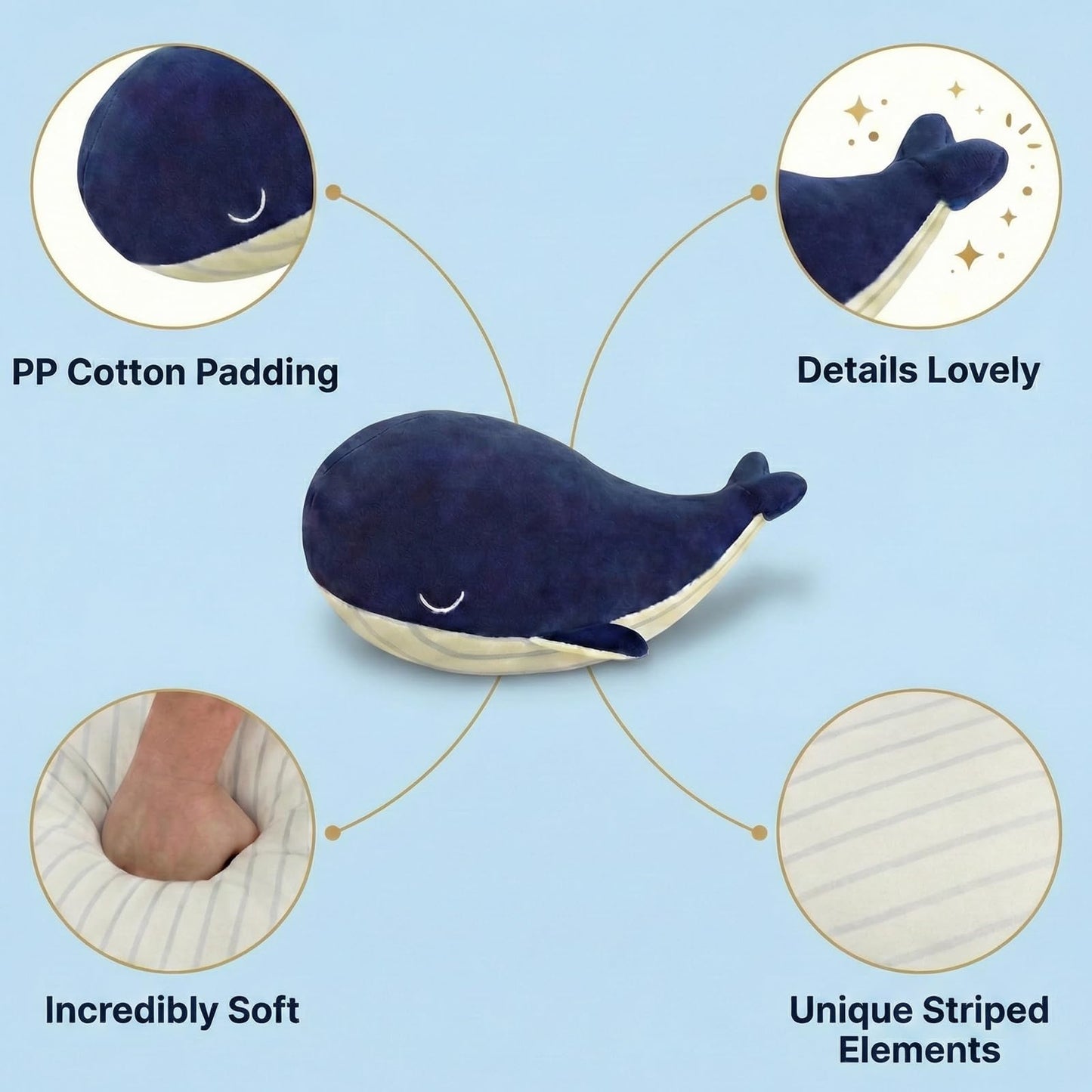 MUPI Whale Plush Pillow – Soft Blue Whale Toy in 4 Sizes (10, 18, 23, 33 in)