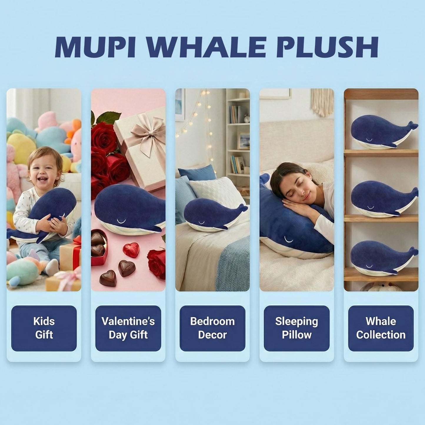 MUPI Whale Plush Pillow – Soft Blue Whale Toy in 4 Sizes (10, 18, 23, 33 in)
