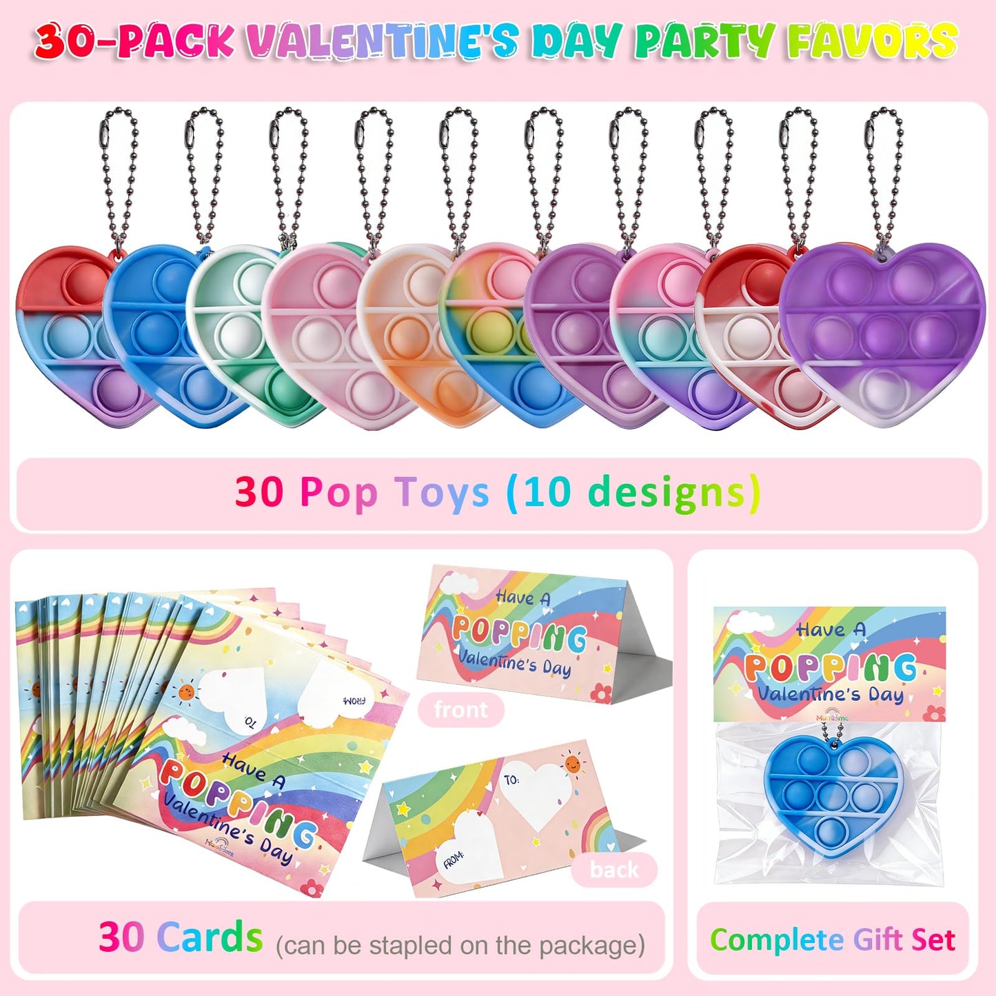 Murrilome 30-Piece Valentine’s Day Gift Set — Heart Bubble Fidget Toys with Cards