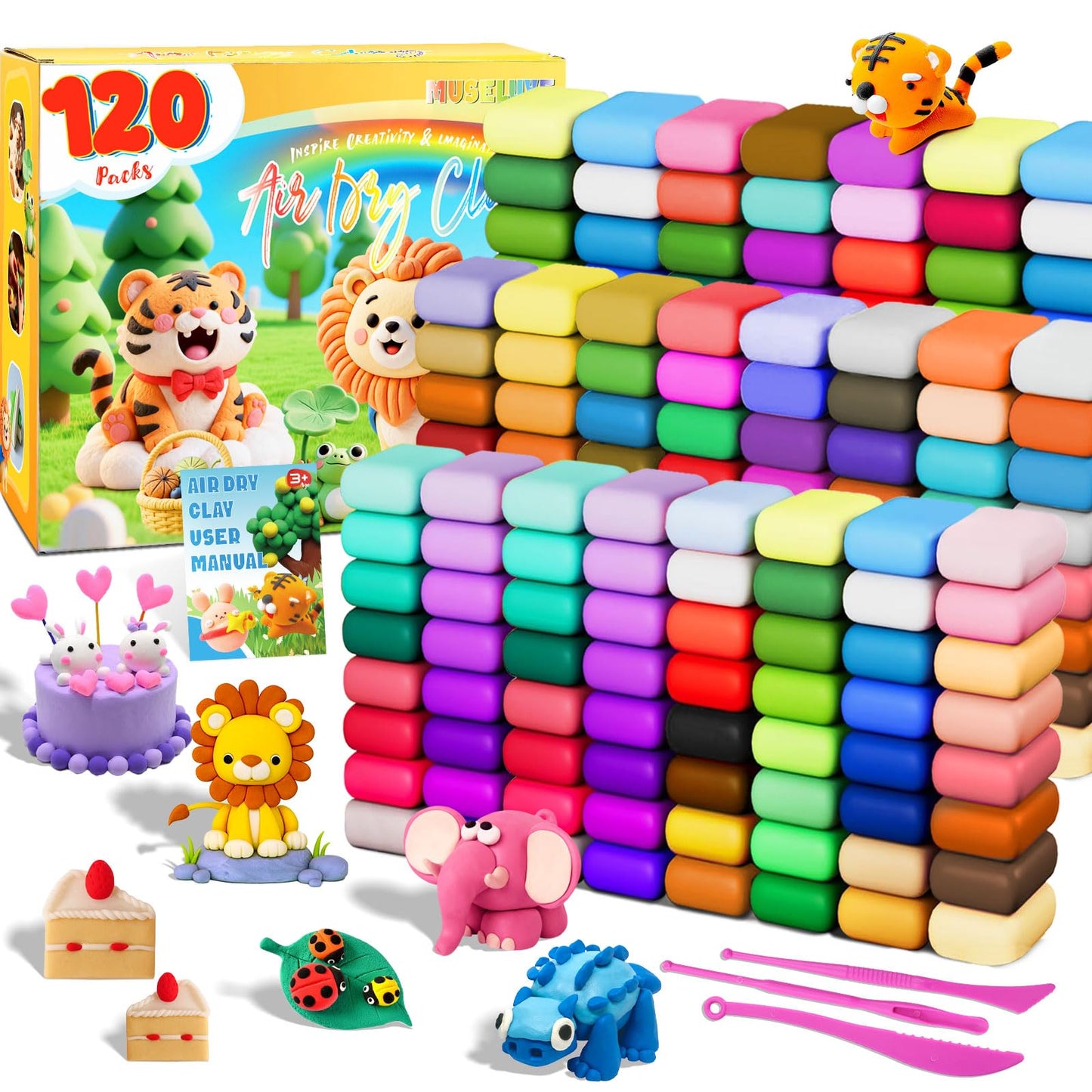 MuseLuxe Air Dry Clay - 120 Pack with 48 Colors & 3 Tools | Safe Non-Toxic Modeling Kit for Kids