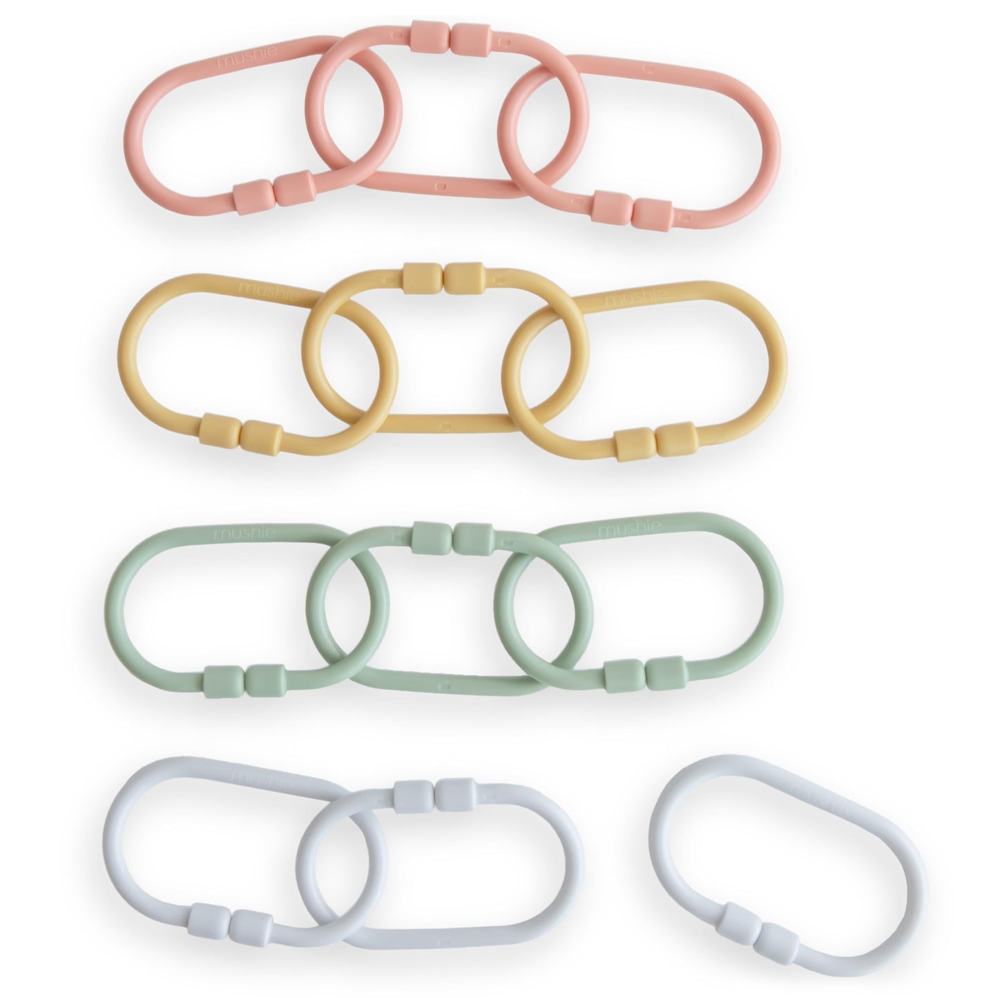 Mushie Chain Link Rings Toy 12-Pack – Car Seat & Stroller Attachments (Periwinkle, Mustard, Green, Coral)