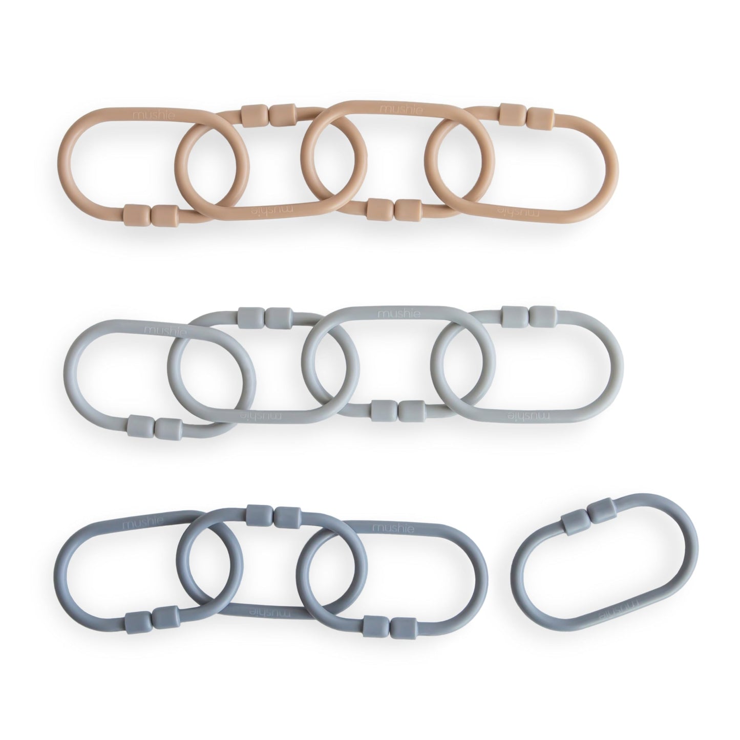 Mushie Chain Link Rings Toy – 12 Count for Stroller & Car Seat Attachments (Natural, Stone, Tradewinds)