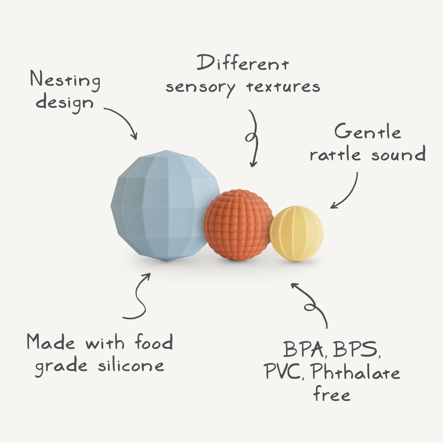 Mushie Silicone Nesting Spheres Sensory Toy — Blush (Pack of 3)