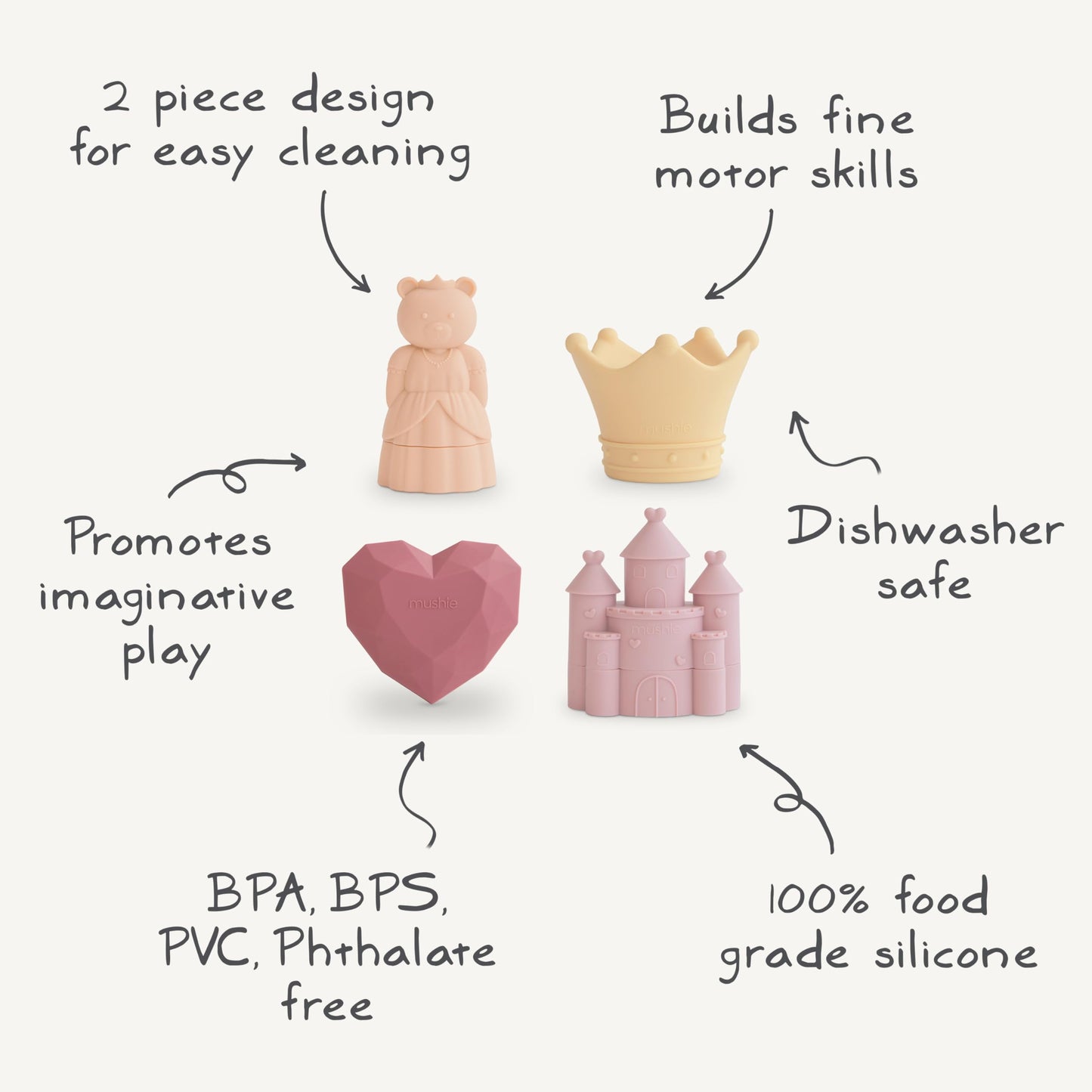 Mushie Princess Bath Toys Play Set – 100% Food Grade Silicone, Mold Free, Pack of 4