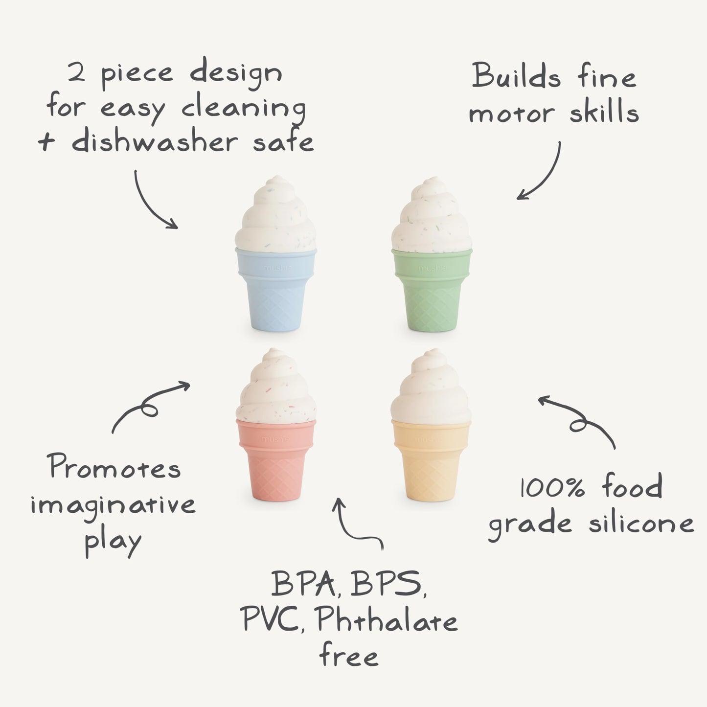 Mushie Silicone Mix and Match Ice Cream Toy 4 Pack | Mold Free