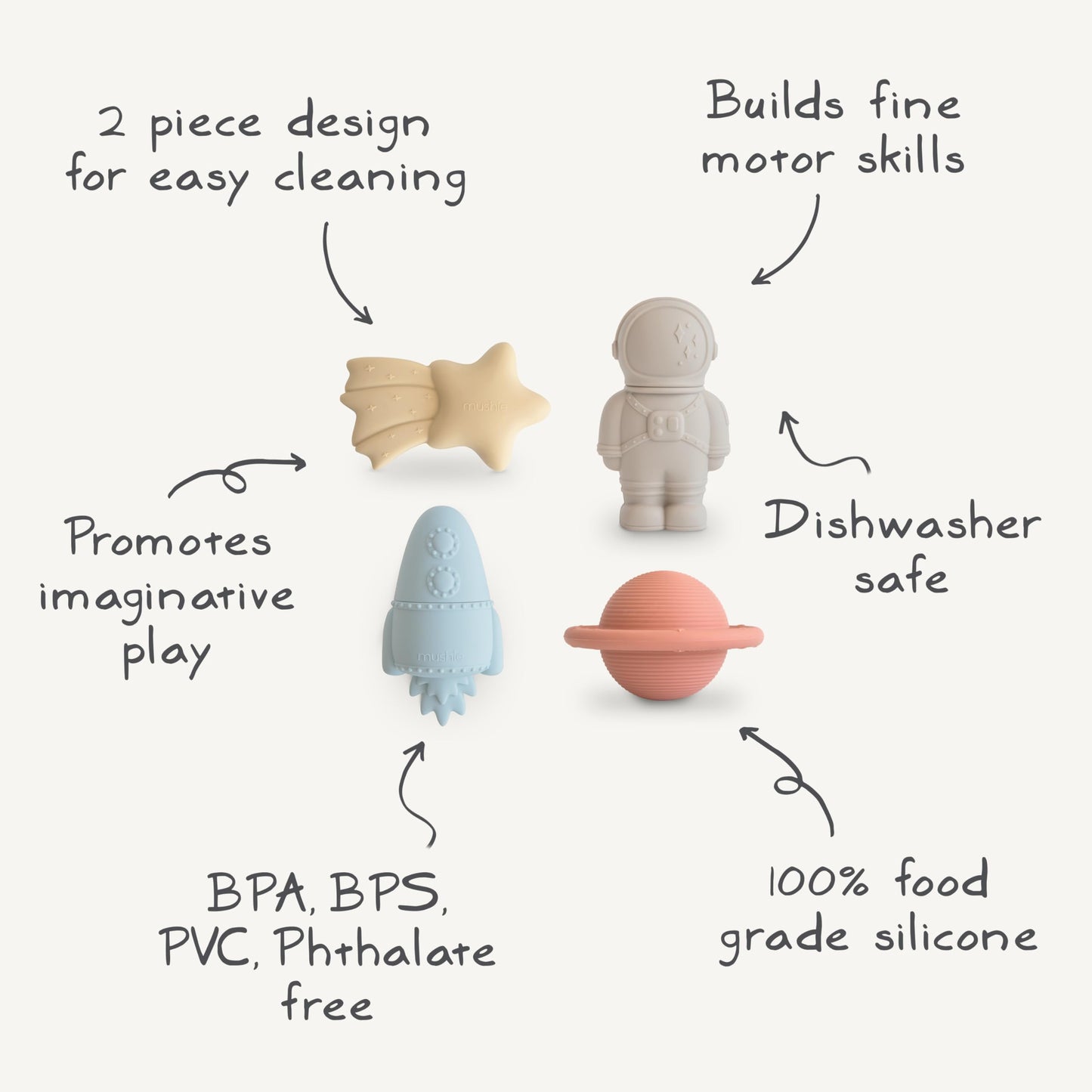 Mushie Space Bath Toys Play Set for Toddlers | 100% Food Grade Silicone | Mold-Free | Pack of 4