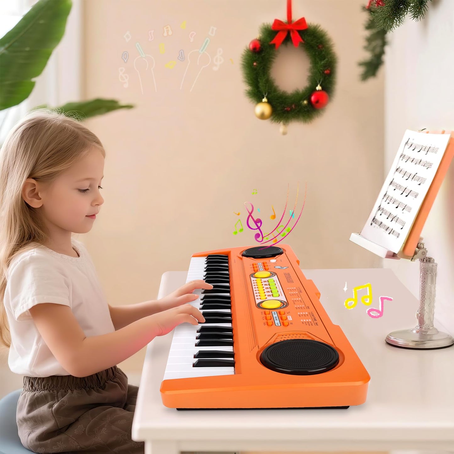 MusicForset Kids 49-Key Piano Keyboard with Microphone – Portable Beginner Toy for Ages 3–7 (Orange)