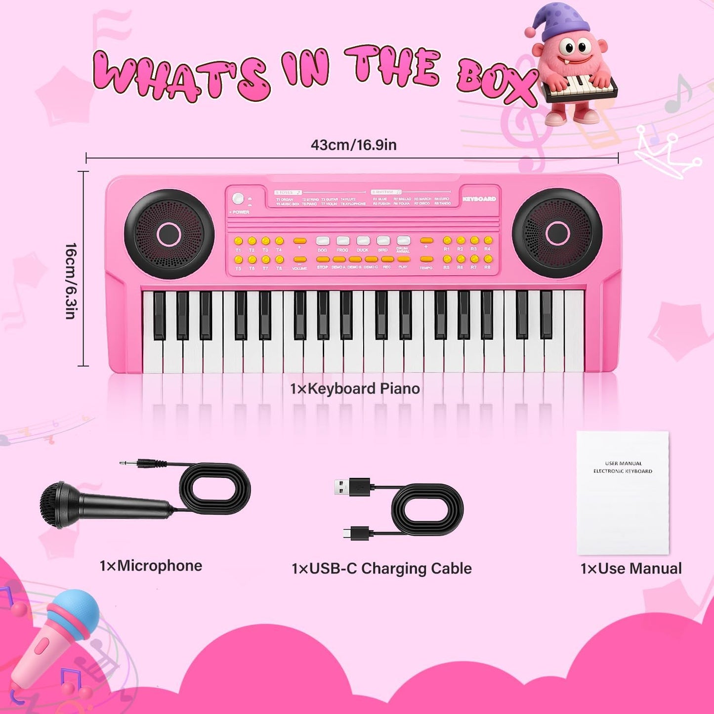 MusicForset Upgraded 37-Key Kids Piano Keyboard with Microphone – Pink