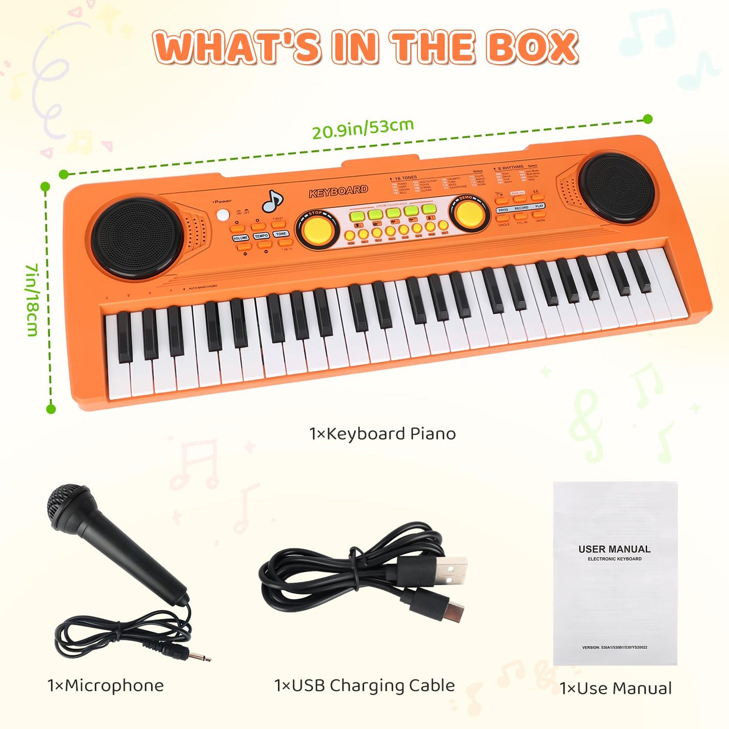 MusicForset Kids 49-Key Piano Keyboard with Microphone – Portable Beginner Toy for Ages 3–7 (Orange)