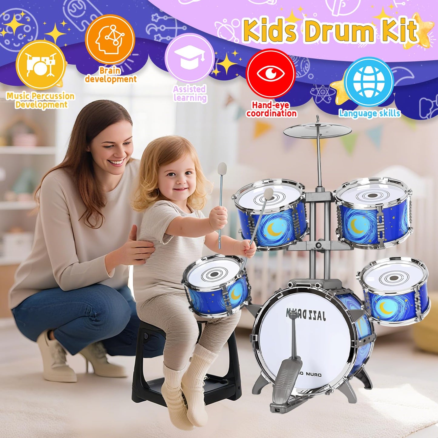 MusicForset Upgraded Kids Drum Set for Toddlers 3-5 – Safe EVA Surface, Stable Stool & Easy Assembly