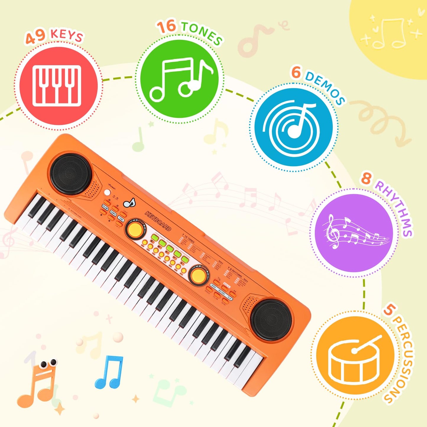 MusicForset Kids 49-Key Piano Keyboard with Microphone – Portable Beginner Toy for Ages 3–7 (Orange)