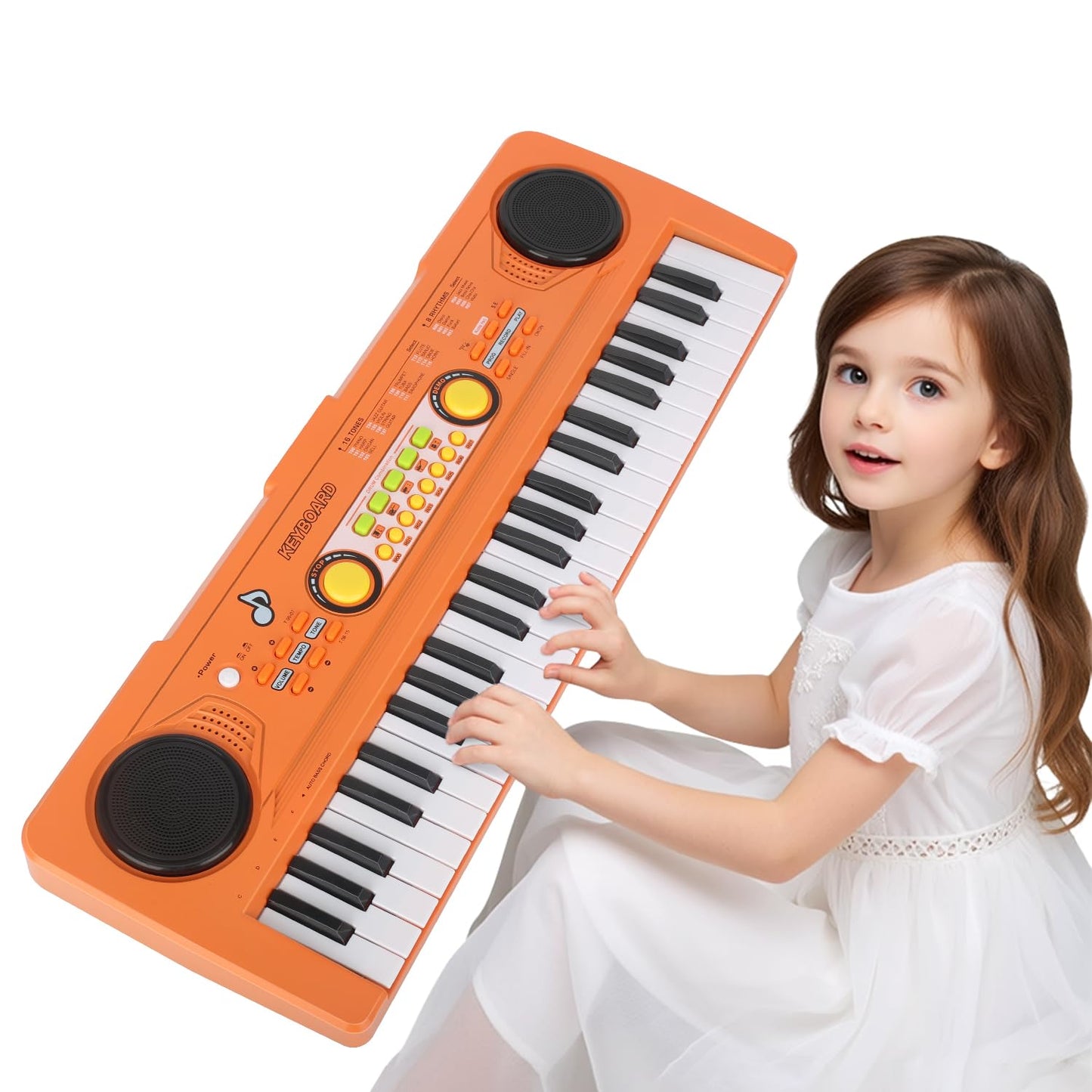 MusicForset Kids 49-Key Piano Keyboard with Microphone – Portable Beginner Toy for Ages 3–7 (Orange)