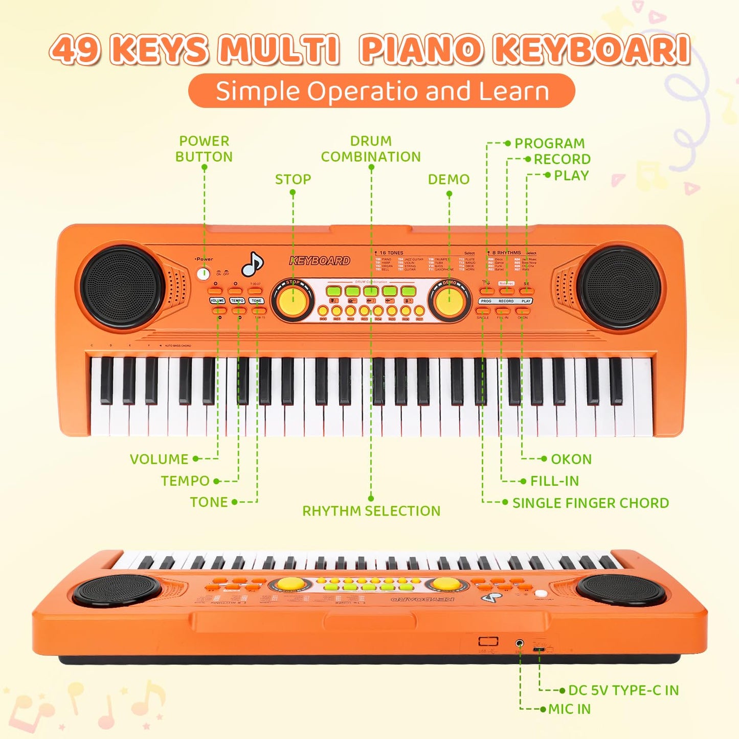 MusicForset Kids 49-Key Piano Keyboard with Microphone – Portable Beginner Toy for Ages 3–7 (Orange)