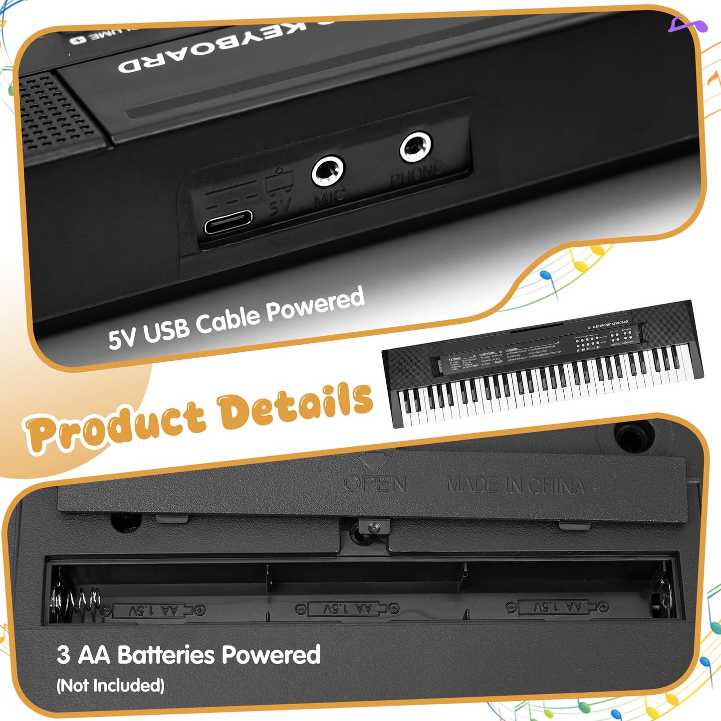 MusicForset 61 Keys Kids Piano Keyboard Toy with Mic – Portable Electronic Keyboard for Beginners
