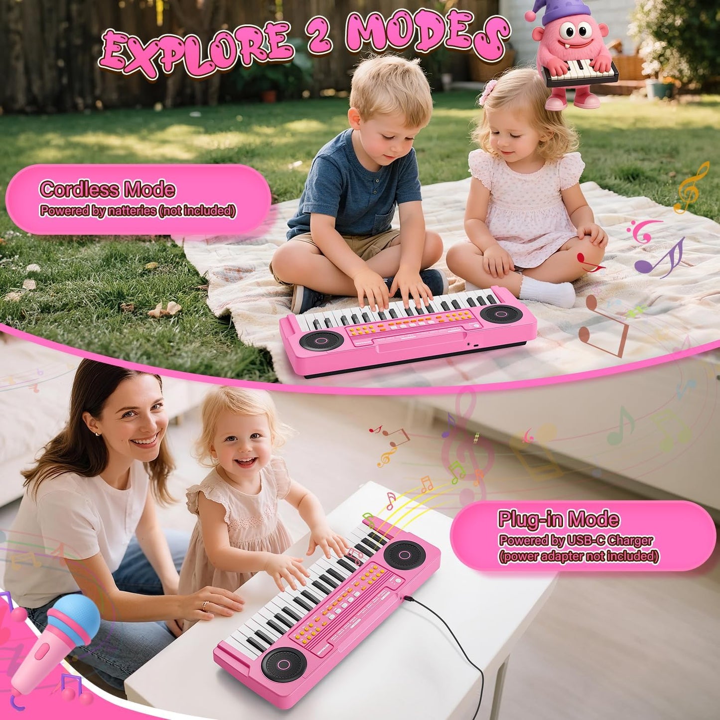 MusicForset Upgraded 37-Key Kids Piano Keyboard with Microphone – Pink