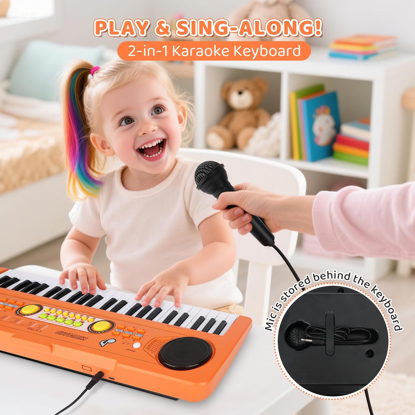 MusicForset Kids 49-Key Piano Keyboard with Microphone – Portable Beginner Toy for Ages 3–7 (Orange)