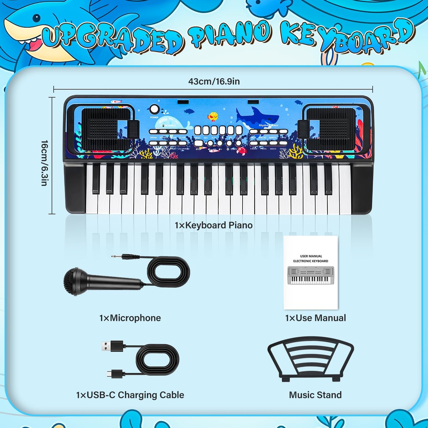 MusicForset Upgraded 37-Key Kids Keyboard with Microphone – Portable Piano Toy for Toddlers 3-6 (Black)
