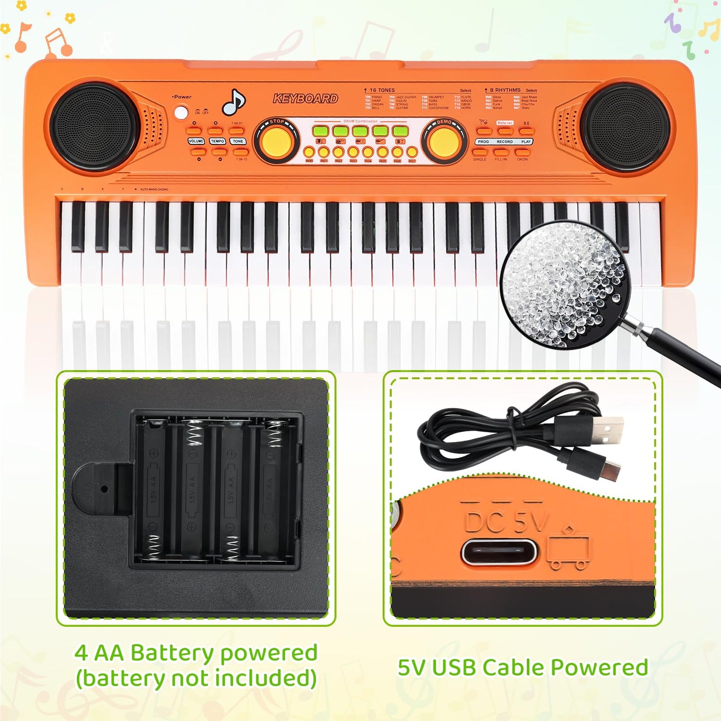 MusicForset Kids 49-Key Piano Keyboard with Microphone – Portable Beginner Toy for Ages 3–7 (Orange)