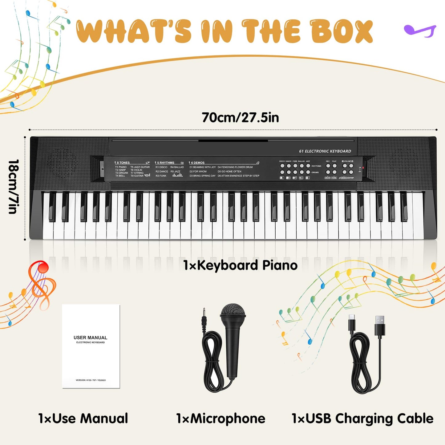 MusicForset 61 Keys Kids Piano Keyboard Toy with Mic – Portable Electronic Keyboard for Beginners