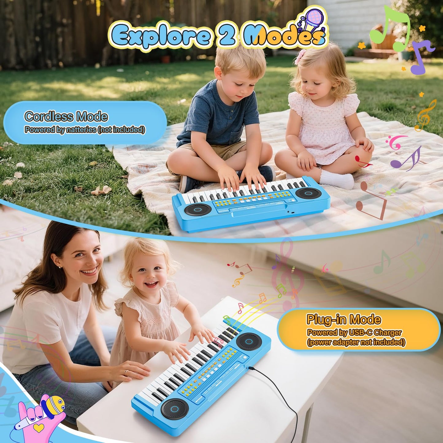 MusicForset Upgraded 37-Key Kids Piano Keyboard – Portable Blue Music Toy with Microphone