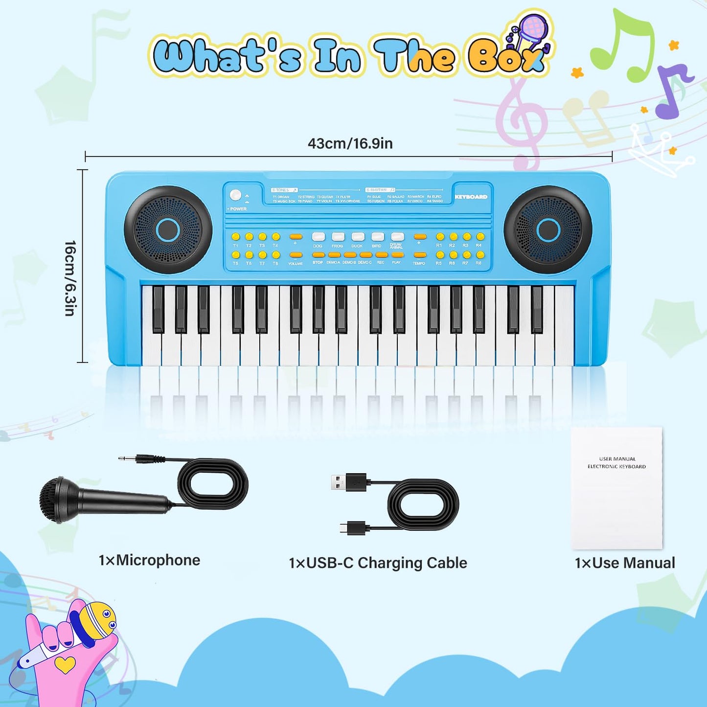 MusicForset Upgraded 37-Key Kids Piano Keyboard – Portable Blue Music Toy with Microphone