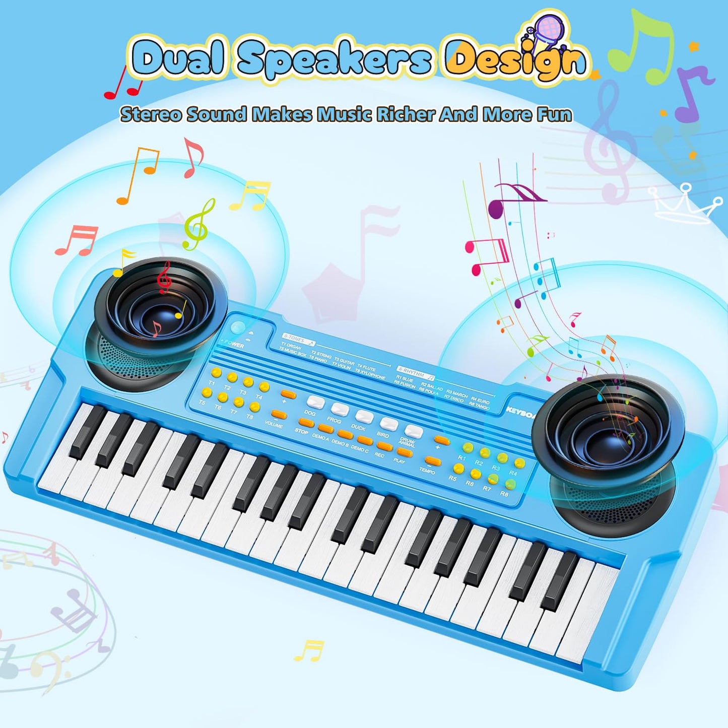 MusicForset Upgraded 37-Key Kids Piano Keyboard – Portable Blue Music Toy with Microphone