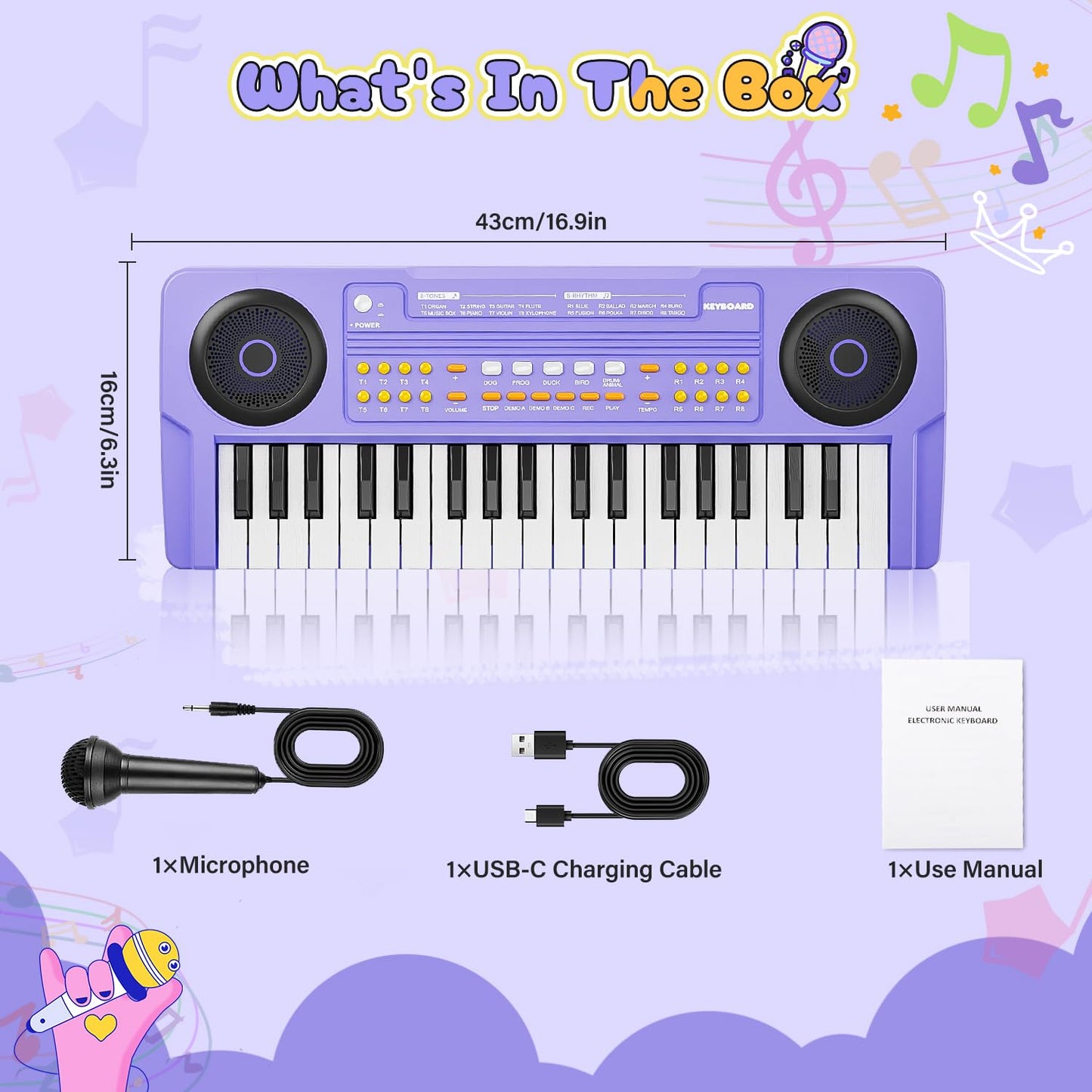 MusicForset Upgraded 37 Keys Kids Piano Keyboard – Portable Purple Toy with Microphone