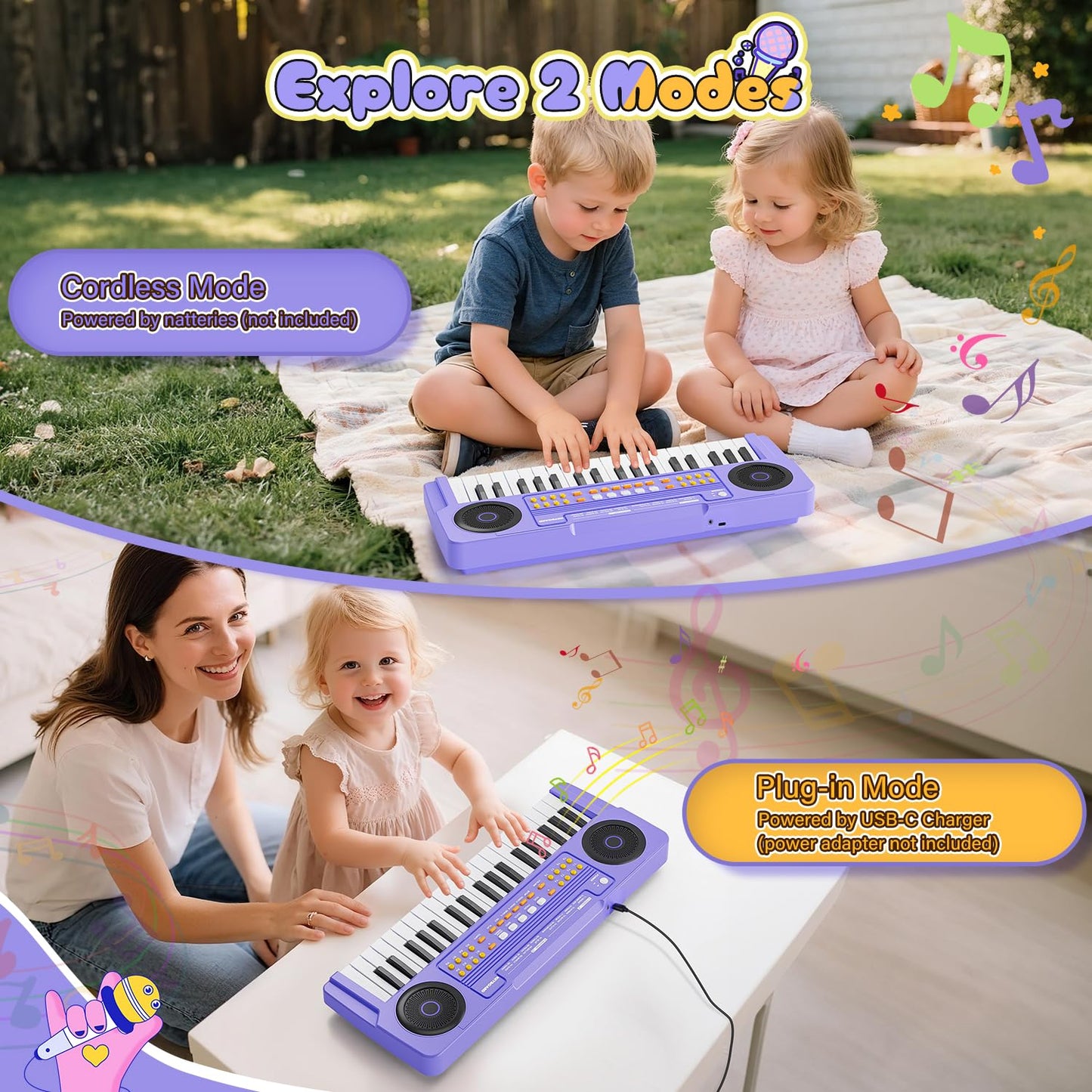 MusicForset Upgraded 37 Keys Kids Piano Keyboard – Portable Purple Toy with Microphone