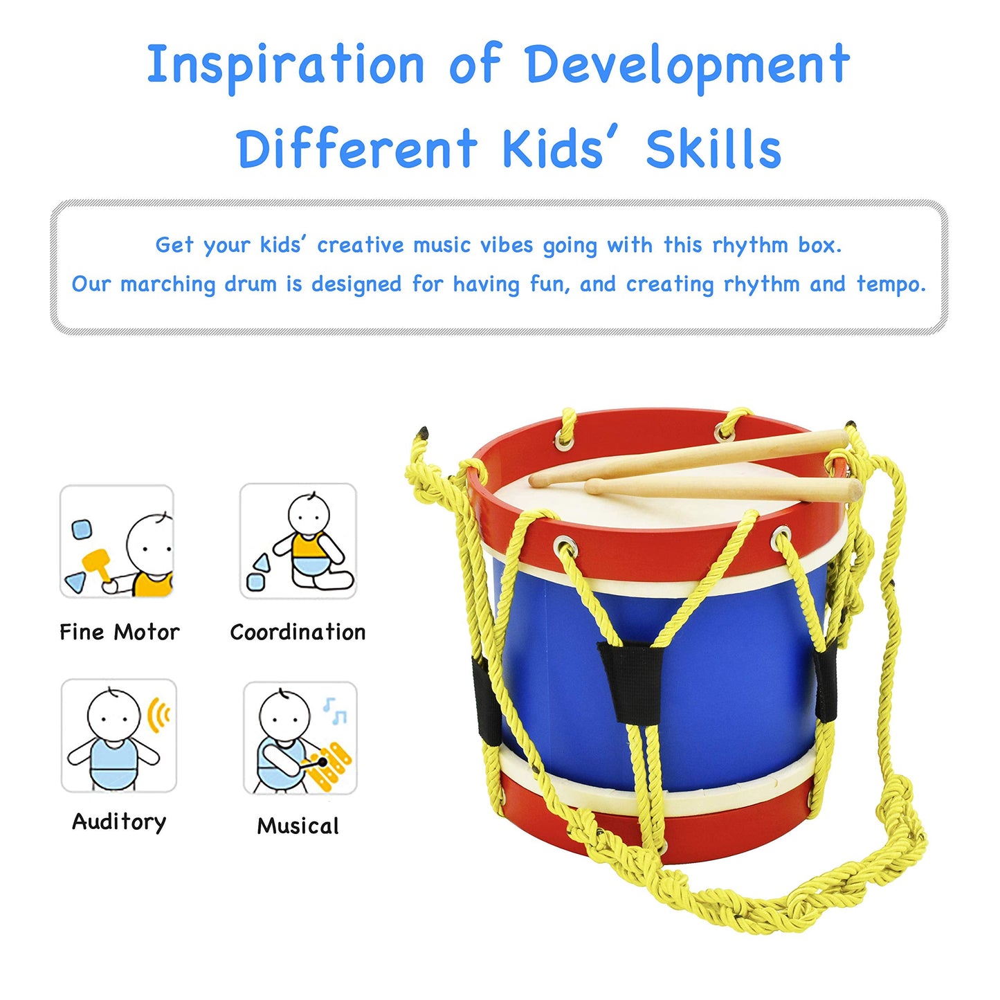 Musicube Kids 8-Inch Drum Set with Adjustable Strap & Wooden Sticks – Safe Fun Gift