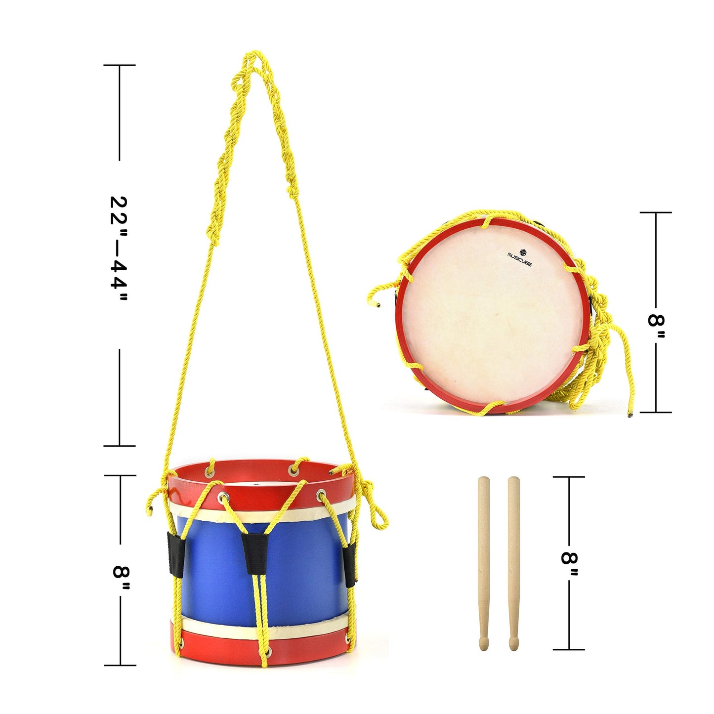 Musicube Kids 8-Inch Drum Set with Adjustable Strap & Wooden Sticks – Safe Fun Gift