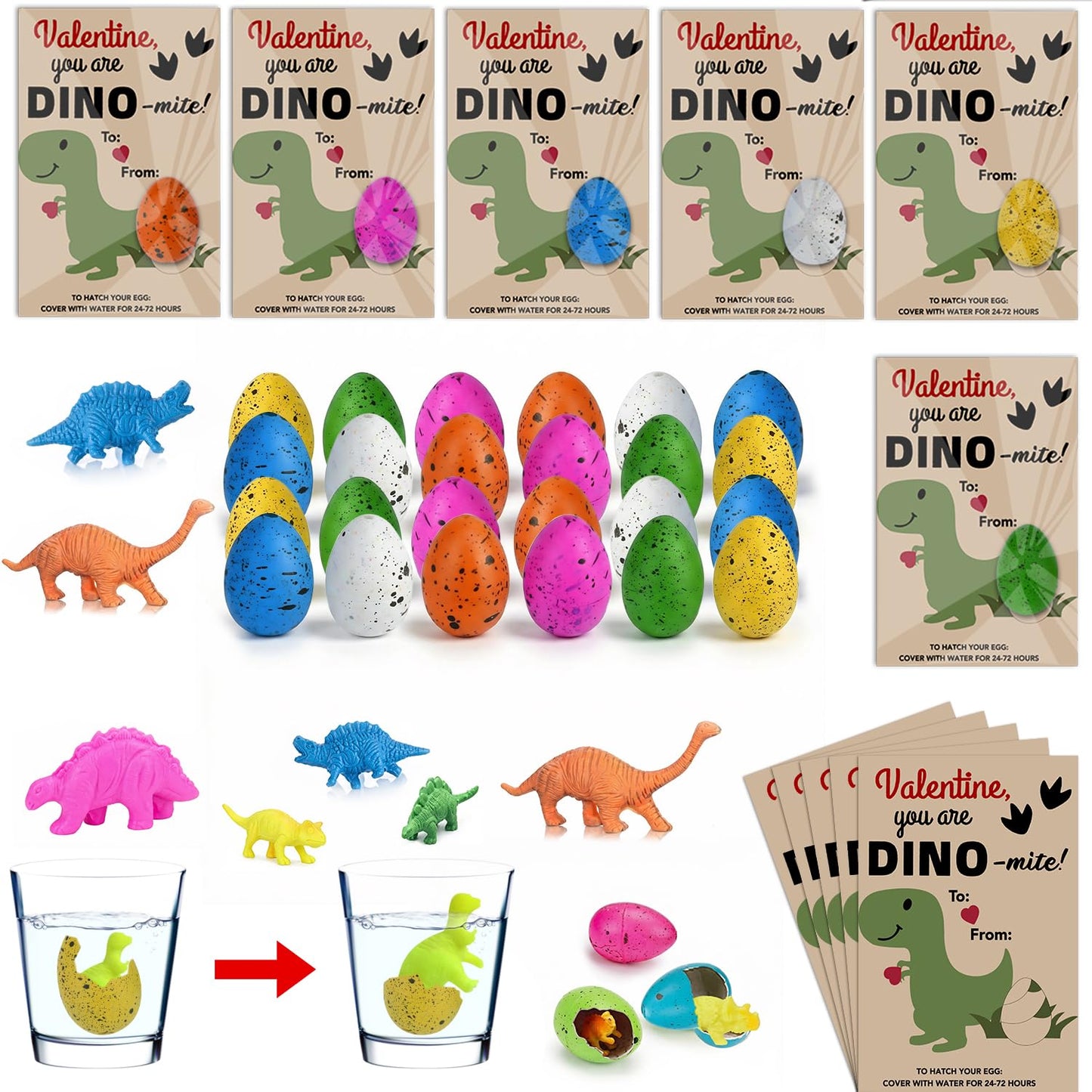 Musinote Valentines Day Gifts for Kids – 24 Pack Hatching Dinosaur Eggs & Cards