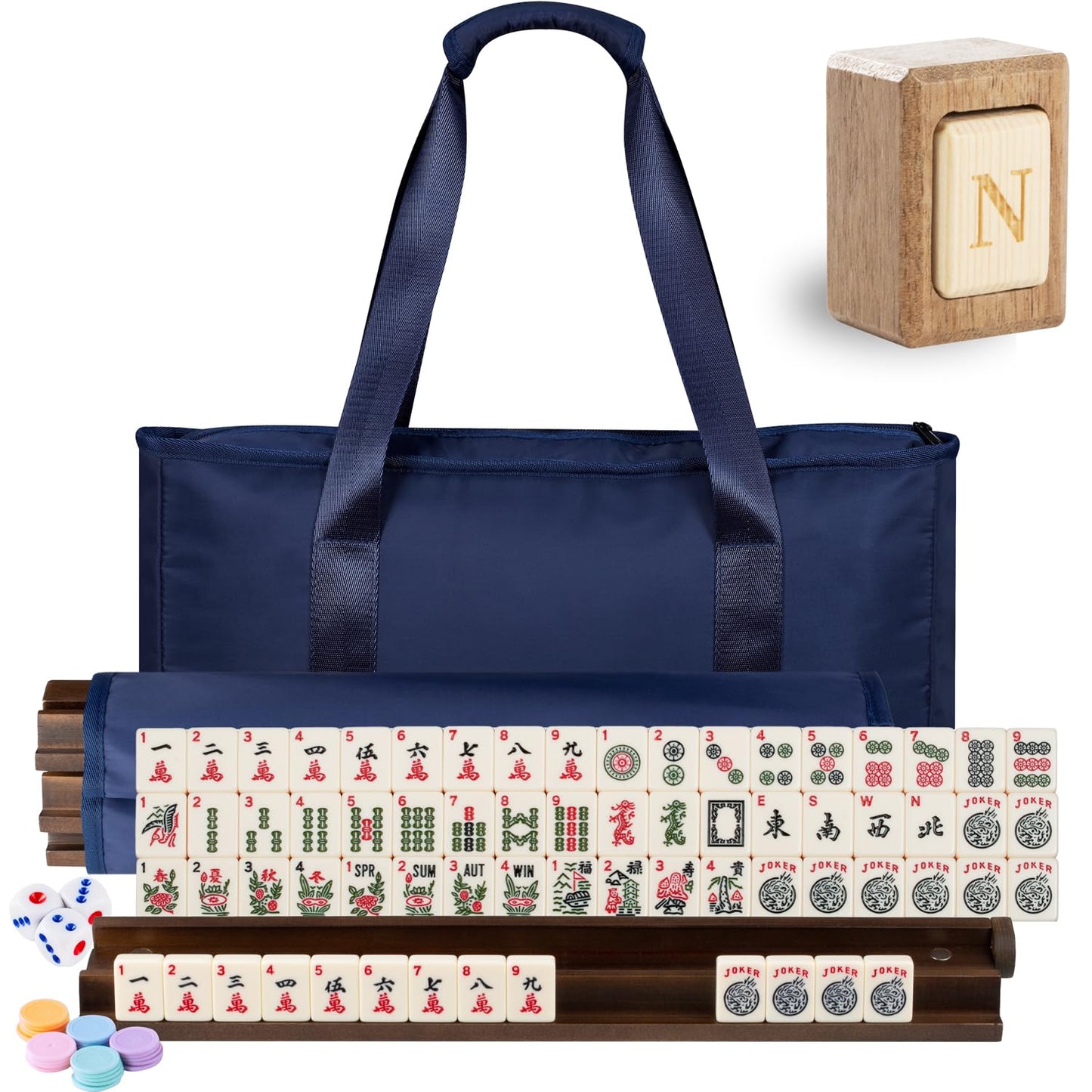 MUTEX American Mahjong Game Set — 166 Premium Tiles, Walnut Racks & Travel Blue Bag