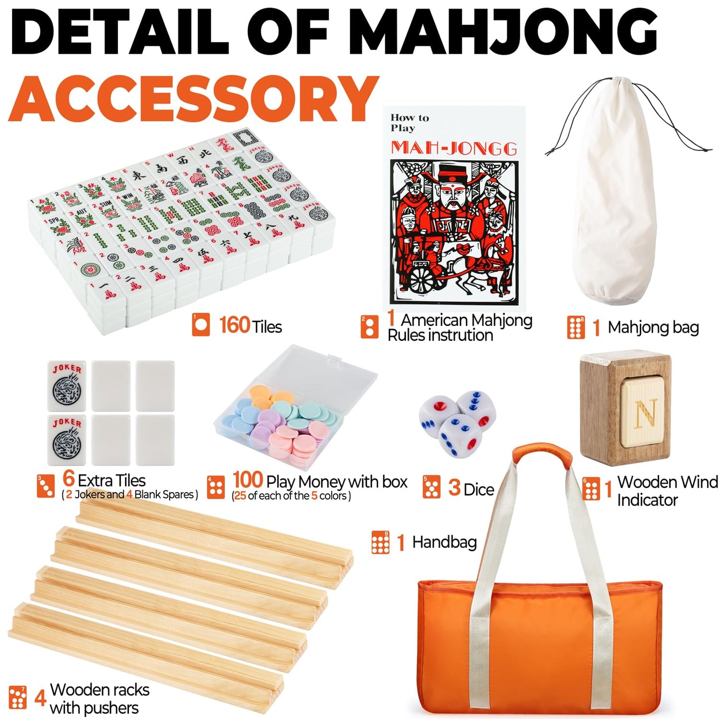 MUTEX American Mahjong Game Set – 166 Tile Premium Mahjong with Travel Orange Bag