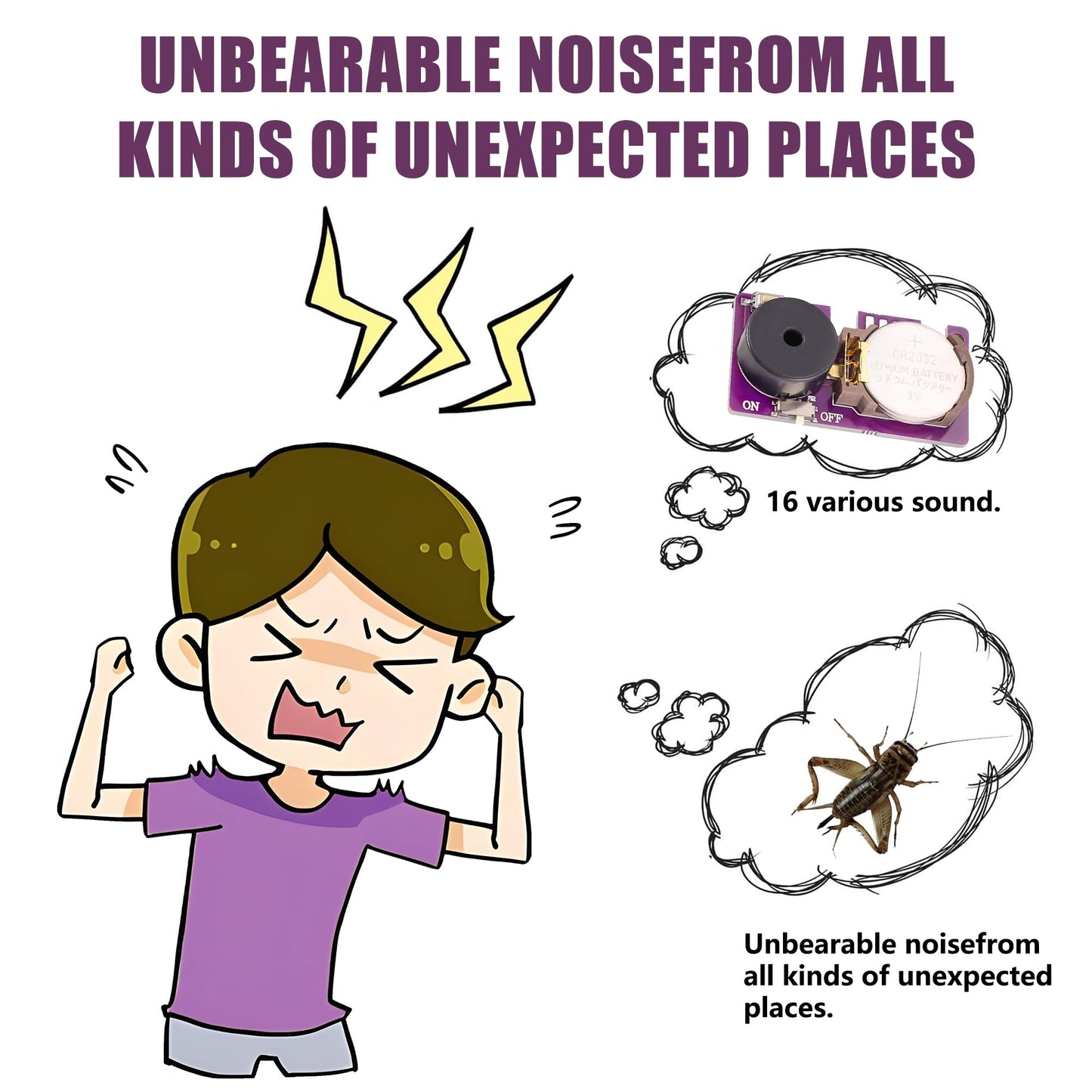 MUUPEG 3-Pack Cricket Noise Makers – 16 Sounds, Hidden Beeping, Long Battery Life (Dark Purple)