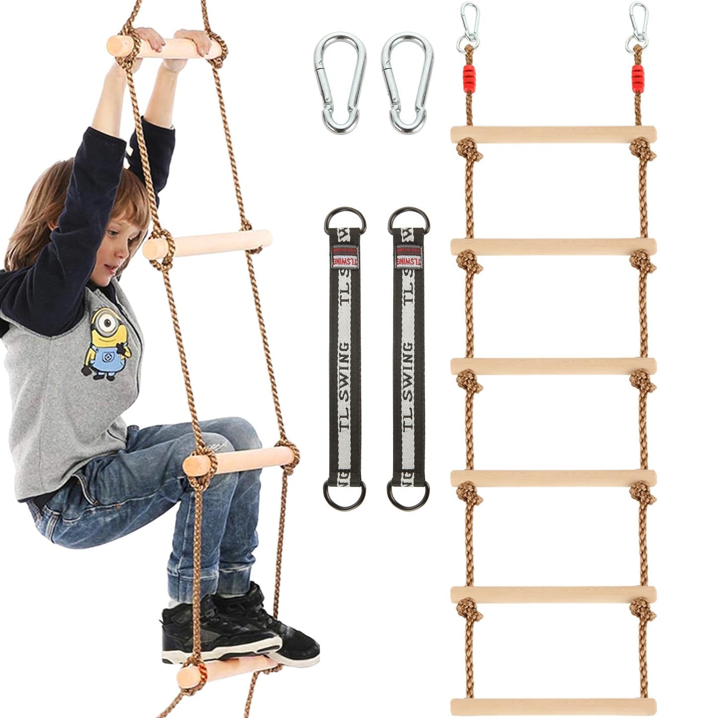MUXHEL 6.5ft Climbing Rope Ladder for Kids – Wooden Rope Ladder for Treehouse & Swing Set