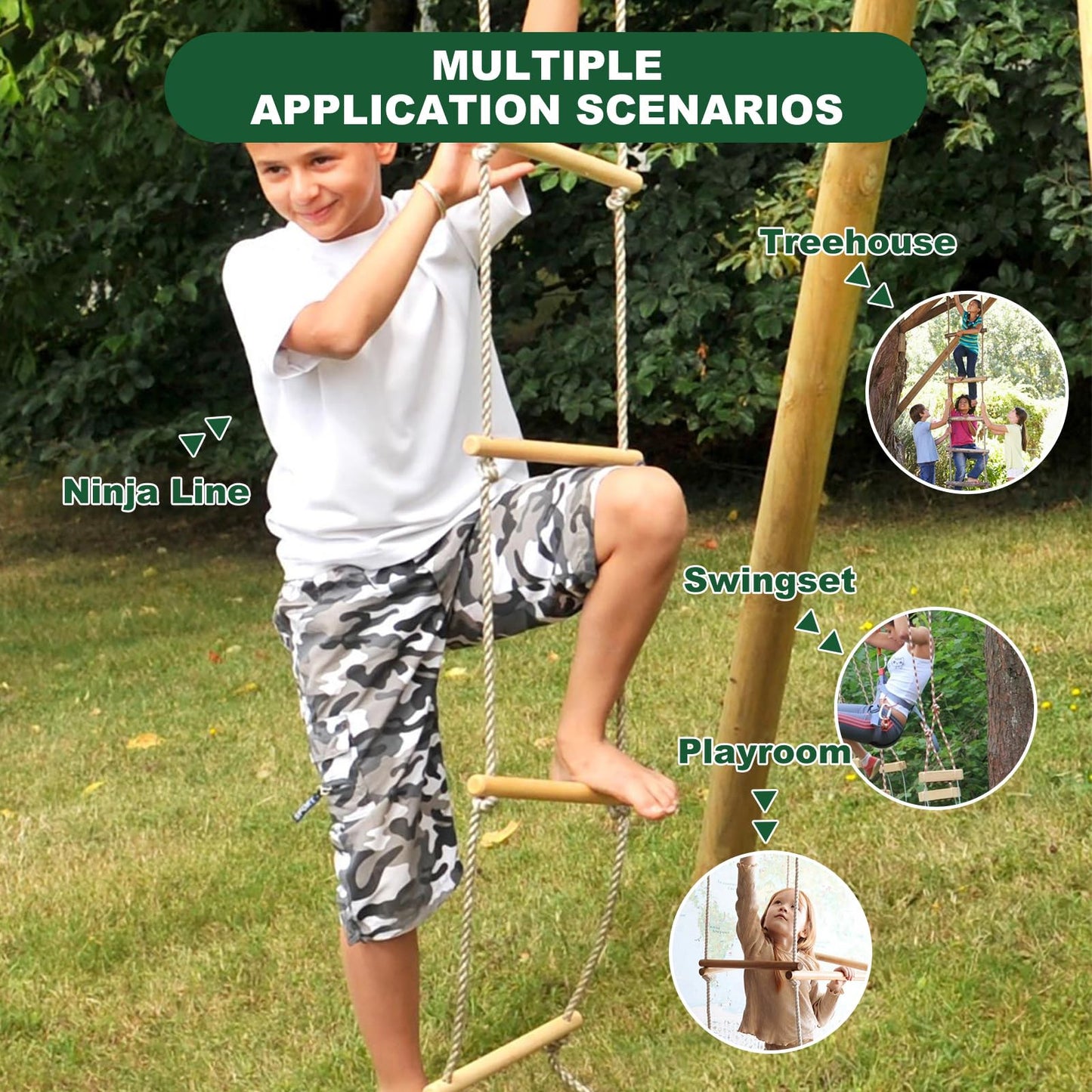 MUXHEL 6.5ft Climbing Rope Ladder for Kids – Wooden Rope Ladder for Treehouse & Swing Set