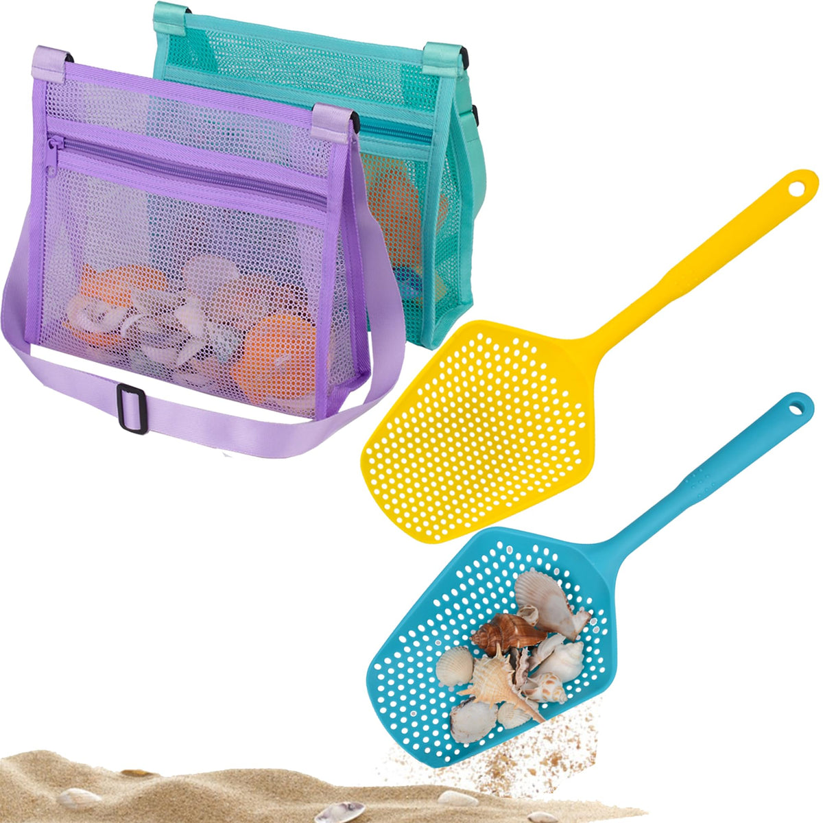MUYIZI Beach Mesh Shovel with Shell Bags – Kids Sand Sifter & Shell-Collecting Tool
